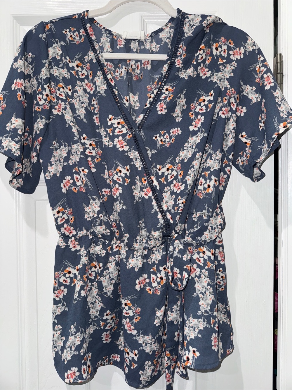 Sienna Sky Navy Blue Floral Wrap Blouse
